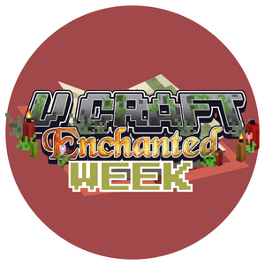 The text 'VCraft Enchanted Week' on a minecraft-like setting against a red background