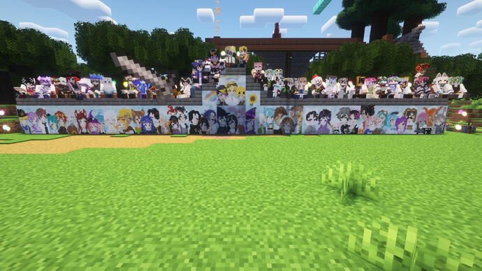 a screenshot from the VCraft Enchanted server of all the characters, sitting atop a wall painted by Lanp.